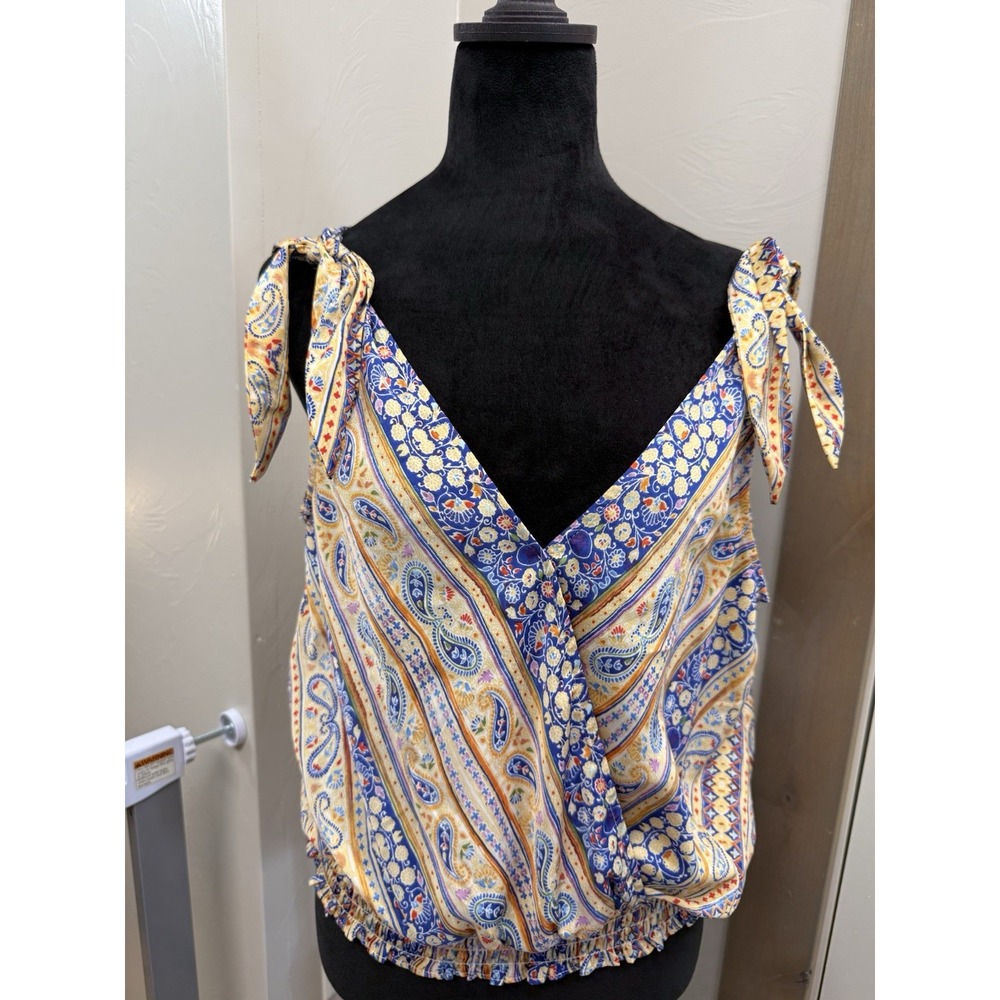 Rose + Olive Cami Tank Top Blue Paisley Tie Shoulder V Neck Boho Smocked Small